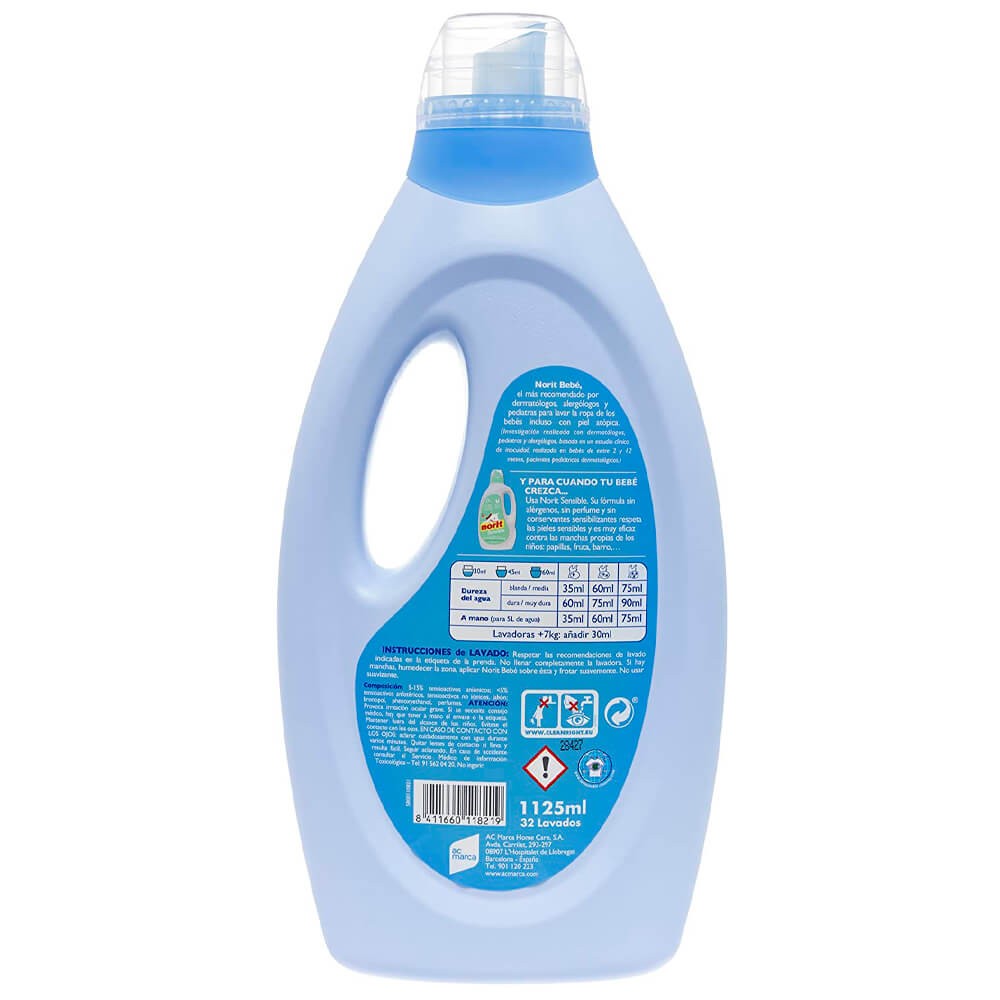 Norit Ropa de Bebé y Pieles Atópicas Detergente Líquido - 1125 ml :  : Salud y cuidado personal