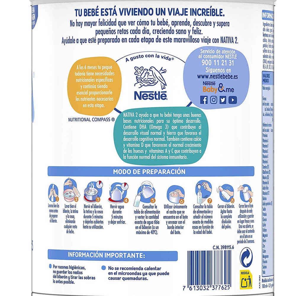 Nestle Leche De Continuación Nan Optipro 2 Leche de continuación sin aceite  de palma crece sano y fuerte a partir de 6 meses 800 gr