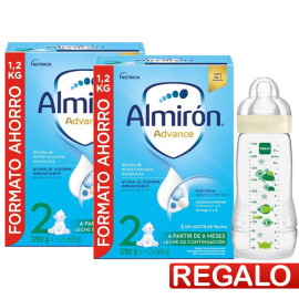 Pack ahorro 2 leches de formula almirón advance 2 1200g + regalo biberon anticólico 330ml mam baby