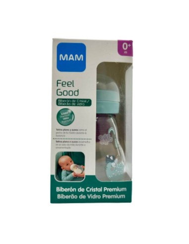 Biberón de cristal azul 170ml - Mam Baby