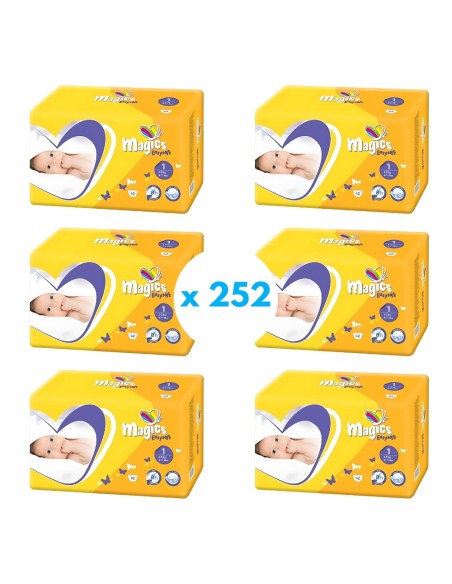 Pack Talla 1 Pañales Magics Easysoft. 6 paquetes 252uds (de 2 a 5kg)