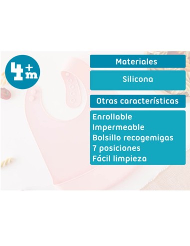 Babero silicona ajustable con bolsillo fácil limpieza y enrollable +4m kiokids