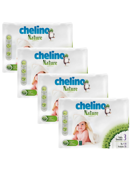 Pack 4 Pañales Chelino Nature T3 - (4-10 kg) - 144 unidades