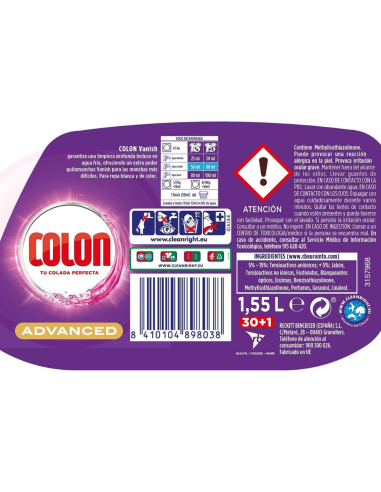 detergente-gel-vanish-whites-60dosis-colon-2.jpg – Vista trasera con ingredientes y dosificación.