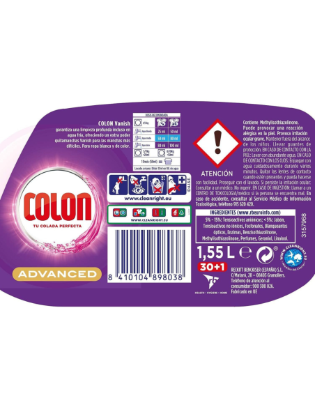 detergente-gel-vanish-whites-60dosis-colon-2.jpg – Vista trasera con ingredientes y dosificación.