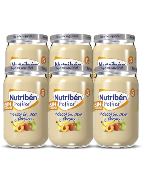Pack de 6 Potitos melocotón, pera y plátano | Nutribén - Nappy.es