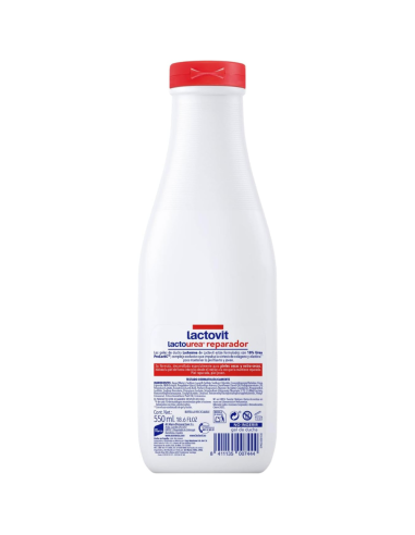 lactovit-gel-bano-reparador-lactourea-750ml-2.jpg – Detalle de la etiqueta y logotipo Lactovit.