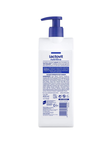 lactovit-leche-corporal-nutritiva-400ml-2.jpg – Detalle de la etiqueta y logotipo.