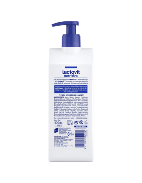 lactovit-leche-corporal-nutritiva-400ml-2.jpg – Detalle de la etiqueta y logotipo.