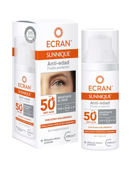 Protector solar facial antimanchas Ecran FPS50 50ml en tubo reciclable, ideal para uso diario y piel sensible