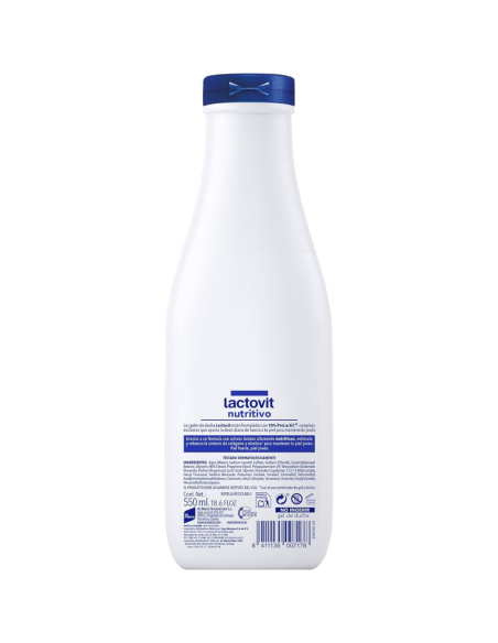 lactovit-gel-bano-nutritivo-550ml-2.jpg – Detalle de la etiqueta con logotipo Lactovit.