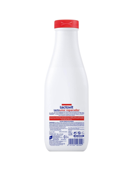 lactovit-gel-bano-reparador-lactourea-550ml-2.jpg – Detalle de etiqueta y logotipo Lactovit.