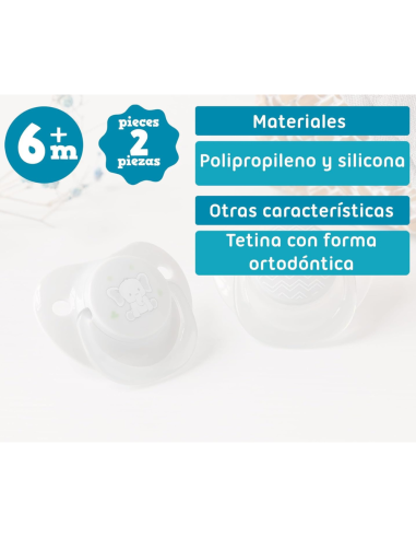 Pack 2 chupetes tetina ortodónticos 0-6 M silicona elefante KioKids