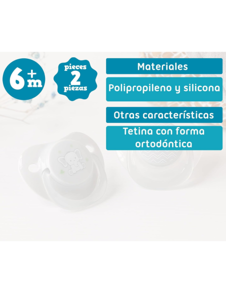 Pack 2 chupetes tetina ortodónticos 0-6 M silicona elefante KioKids
