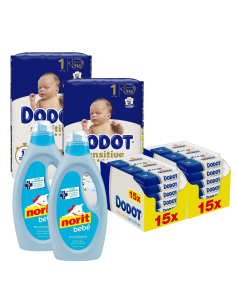 Pack Dodot Sensitive Talla 1 con 232 pañales, 1620 toallitas y 2 Norit Bebé