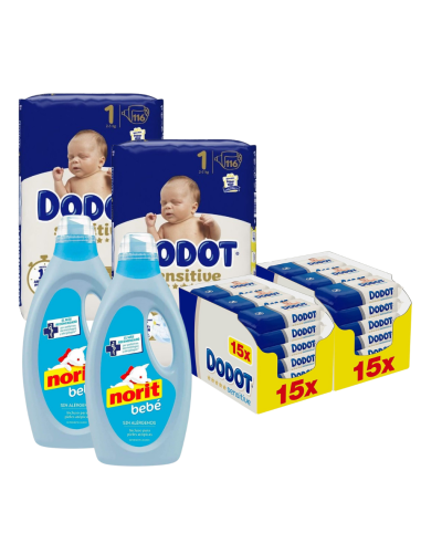 Pack Dodot Sensitive Talla 1 con 232 pañales, 1620 toallitas y 2 Norit Bebé