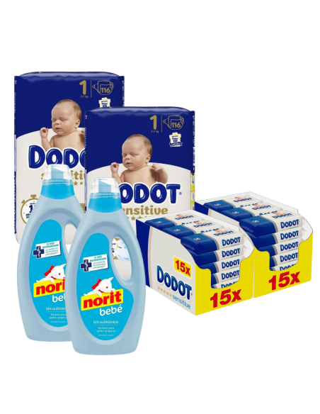 Pack Dodot Sensitive Talla 1 con 232 pañales, 1620 toallitas y 2 Norit Bebé