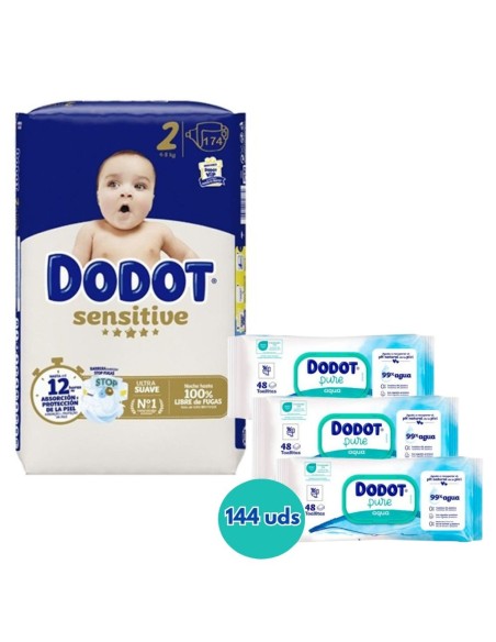 Pack Dodot Sensitive Talla 2 174 uds con toallitas Aqua Pure 144 uds