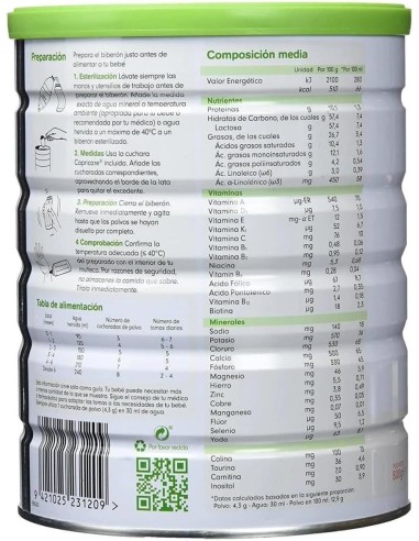 capricare-1-leche-lactantes-800g-0-6m-2.jpg – Detalle del polvo y cacito medidor.