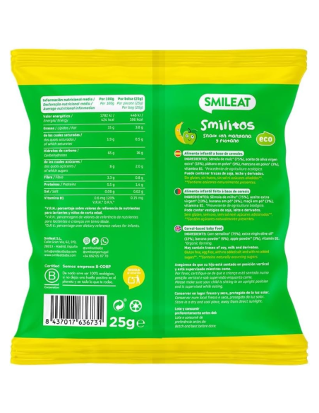 Smilitos sabor manzana y plátano 25gr eco | Smileat - Nappy.es