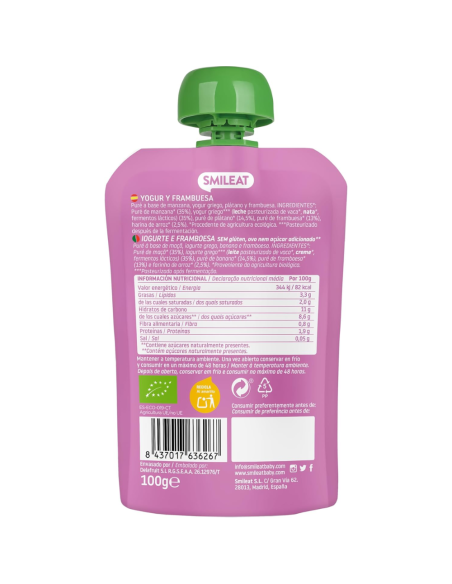 Pouch Yogur y Frambuesa 100gr eco Smileat