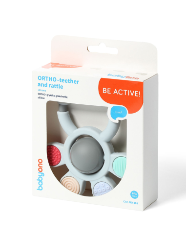 Sonajero mordedor texturas gris 0M+ BabyOno – Estimulación y alivio para tu bebé