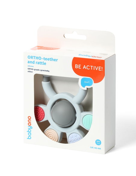 Sonajero mordedor texturas gris 0M+ BabyOno – Estimulación y alivio para tu bebé