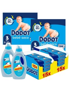 Pack Dodot Talla 3 con 372 pañales, 960 toallitas Etapas y 2 Norit Bebé