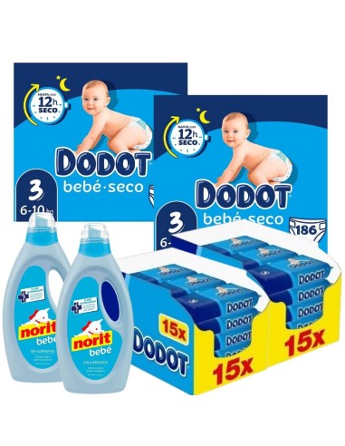 Pack Dodot Talla 3 con 372 pañales, 960 toallitas Etapas y 2 Norit Bebé