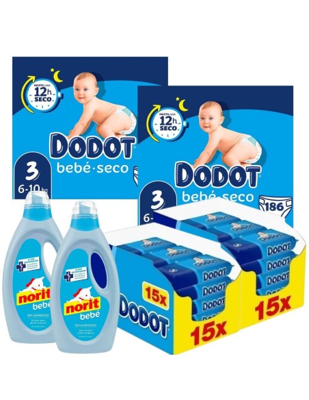 Pack Dodot Talla 3 con 372 pañales, 960 toallitas Etapas y 2 Norit Bebé