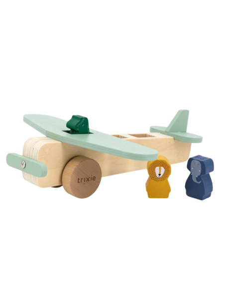avion-animales-madera-trixie-1.jpg – Vista frontal del avión con animales.