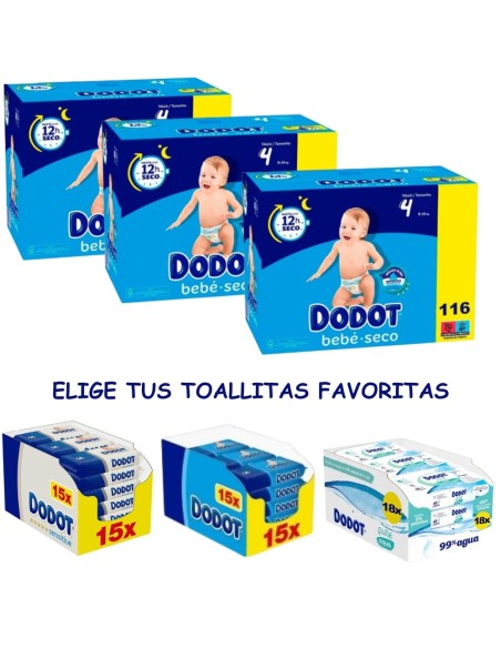 Pack Dodot Bebé-Seco Talla 4 116 uds con toallitas Sensitive, Aqua Pure o Etapas
