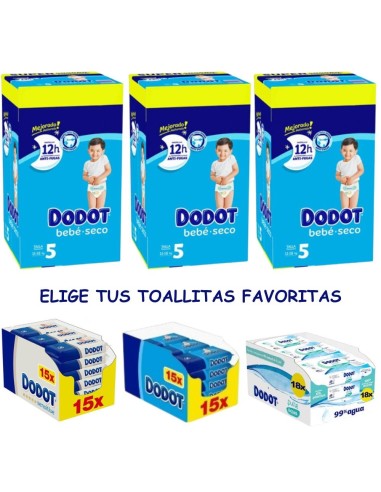 Pack Dodot Bebé-Seco Talla 5 324 uds con toallitas Dodot a elegir