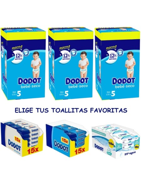 Pack Dodot Bebé-Seco Talla 5 324 uds con toallitas Dodot a elegir