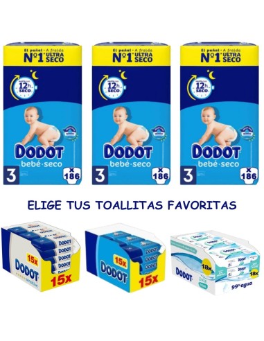 Pack Dodot Bebé-Seco Talla 3 558 uds con toallitas Dodot a elegir