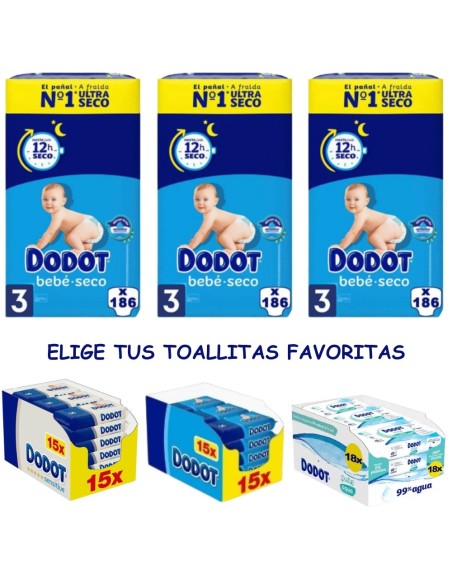 Pack Dodot Bebé-Seco Talla 3 558 uds con toallitas Dodot a elegir