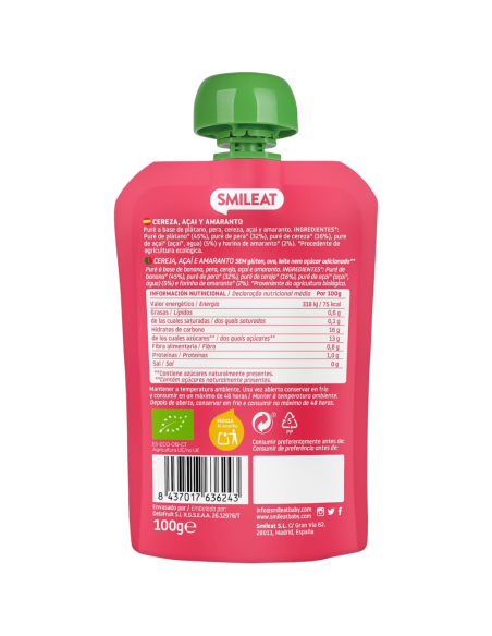 Pouche de cereza, açaí y amaranto | Smileat - Nappy.es