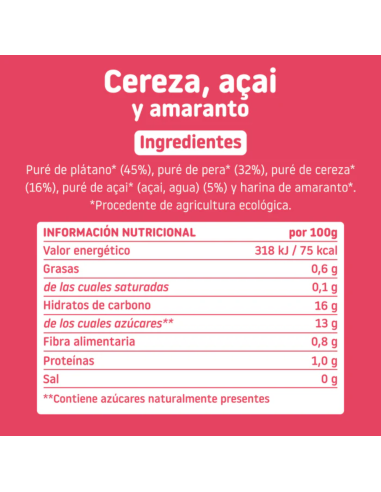 Pouche de cereza, açaí y amaranto | Smileat - Nappy.es