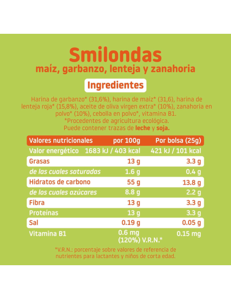 Snack de maíz, garbanzo, lenteja y zanahoria | Smileat - Nappy.es