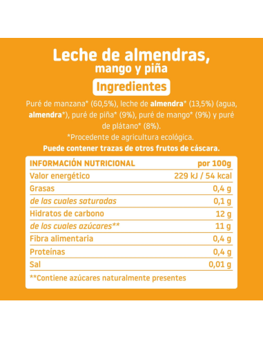 Pouche de Leche de Almendra, Mango y Piña 100gr | Smileat - Nappy.es