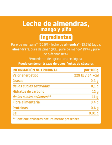 Pouche de Leche de Almendra, Mango y Piña 100gr | Smileat - Nappy.es