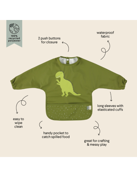 babero-con-mangas-dinosaurio-verde-trixie-3.jpg – Vista trasera con cierre ajustable.