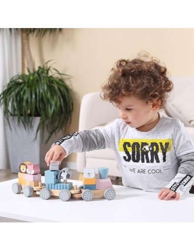 Niño jugando con tren de vagones PolarB arrastre y bloques