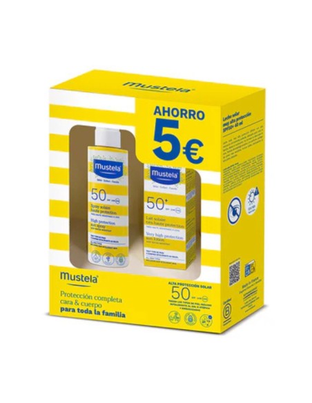 pack-solar-bebes-ninos-spf50-spray-leche-facial-mustela-1.jpg – Vista frontal del pack completo.