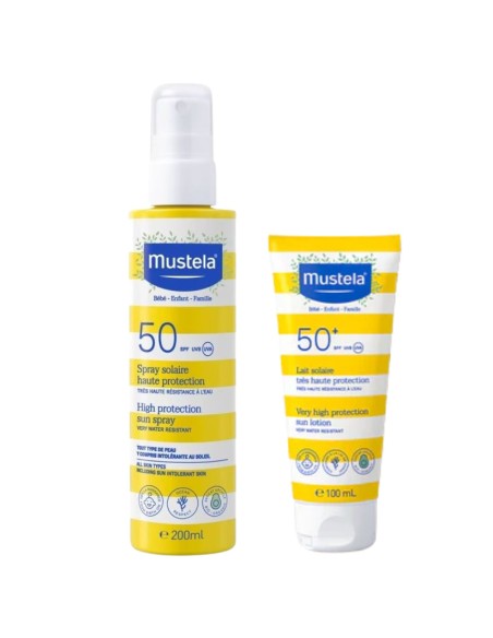 pack-solar-bebes-ninos-spf50-spray-leche-facial-mustela-2.jpg – Detalle de los dos productos.