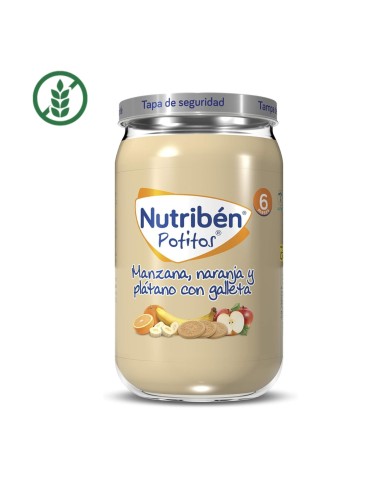 potito-manzana-naranja-platano-galleta-nutriben-1.jpg – Vista frontal del tarrito.
