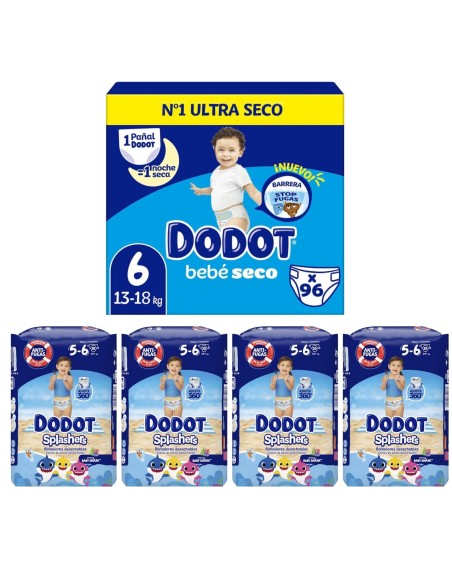 Pack Dodot caja talla 6 144 uds + 4 Splashers talla 5-6 40 uds