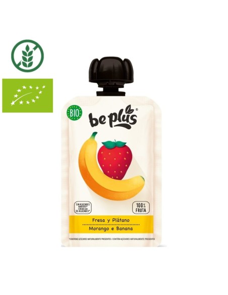 pack-7-pouch-fresa-platano-bio-100g-beplus-4m-2.jpg – Vista trasera con ingredientes y tabla nutricional.
