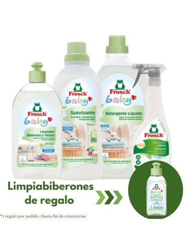 pack-frosch-bebe-detergente-suavizante-quitamanchas-limpiador-biberones-1.jpg – Vista frontal del pack completo Frosch Bebé.