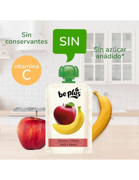 pouch-manzana-platano-120g-beplus-4m-4.jpg – Uso del pouch en merienda infantil.